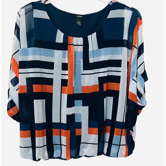 ALFANI KIMONO SLV RND NECK BLOUSON HEMLINE BLOUSE, WOMENS, XL, GREY BLUE ORANGE - Picture 1 of 11